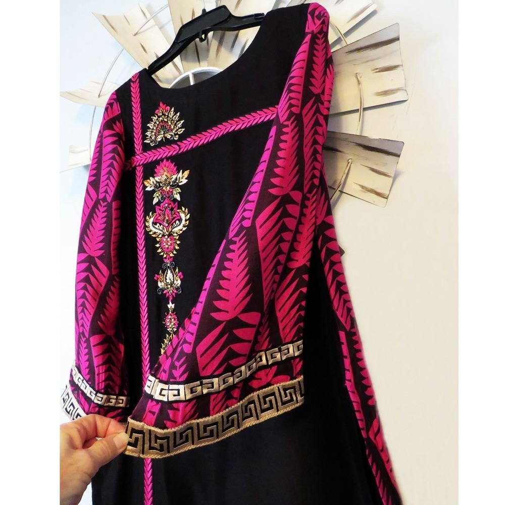 Embroidered Kaftan Maxi Dress –Beaded Floral Trim, Side Slits, Boho Ethnic Style - Picture 8 of 16